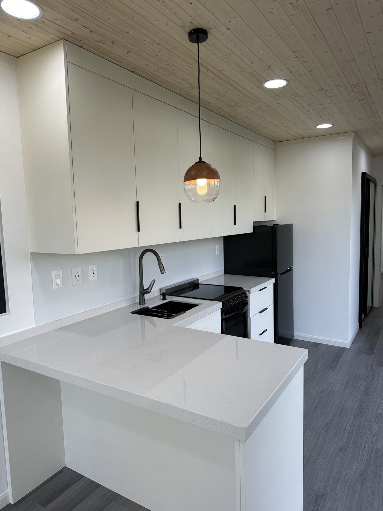 White kitchen with a quartz peninsula and a glass pendant light